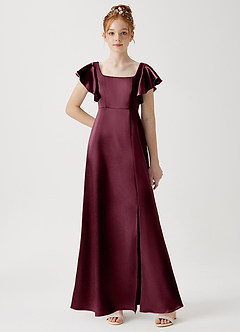 Azazie Bondi Junior Cabernet A-Line Side Slit Metallic Satin Dress image1