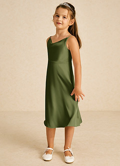 Azazie Zuzu Flower Girl Dresses Olive A-Line Spaghetti Strap Stretch Satin Dress image4