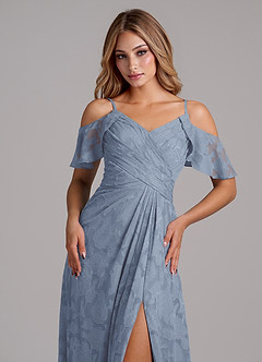 Azazie Dakota 신부 들러리 드레스 A라인 오프 더 숄더 플로럴 번아웃 바닥 길이 드레스 image3