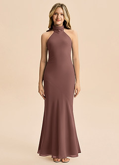 Azazie Velli Junior Meerjungfrau-Linie Hoher Kragen Chiffon Kleid Espresso image3