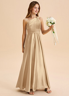 Azazie Charlize Junior A라인 주름진 스트레치 새틴 플로어 길이 주니어 신부 들러리 드레스 image3