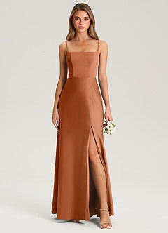 Azazie Lidia Bridesmaid Dresses Copper Mermaid Side Slit Stretch Satin Dress image4