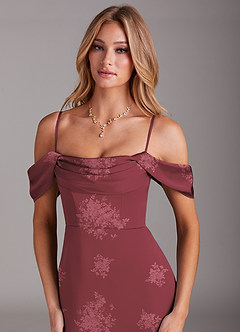 Azazie Saige Bridesmaid Dresses Burgundy Floral Bouquet Sheath Off the Shoulder Stretch Satin Dress image2
