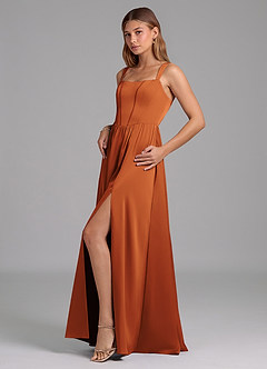 Azazie Rosaline Bridesmaid Dresses Cinnamon A-Line Side Slit Stretch Satin Dress image5