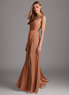 Azazie Calissa Bridesmaid Dresses Bronzer A-Line V-Neck Pleated Stretch Satin Dress image4
