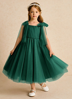 Azazie Dori Robe Demoiselle D'honneur Fillette Robe Trapèze en Tulle Rayé émeraude image2