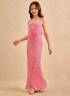 Azazie Nini Girls Formal vestidos de niña de las flores Vestido de Rosa Caramelo de Lentejuelas de Corte Recto image4