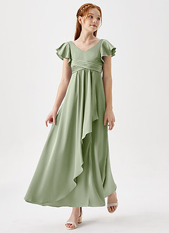 Azazie Omari Junior Vestido de Salvia Polvorienta de Satén Elástico de Corte En A con Plisado image1