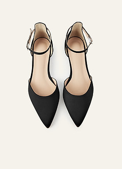 front Matching Color Matte Satin Pointed Toe Ankle Strap Flat Pumps Low Heel Wedding Shoes