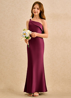 Azazie Almond Girls Formal Flower Girl Dresses Burgundy Sheath One Shoulder Stretch Satin Dress image3