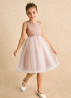 Azazie Esme Flower Girl Dresses Champagne Rose Ball-Gown Bow Tulle Dress image3