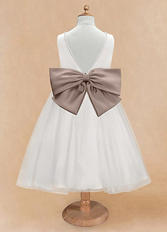 Azazie Seline Flower Girl Dresses Ivory Taupe A-Line Bow Tulle Dress image7
