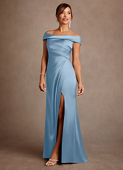 Azazie Bedford Mère de la mariée Robes Robe Fourreau en Satin extensible Plissée Poudre Bleue image2