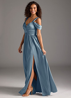 Azazie Lianne Robes de demoiselle d'honneur Robe Trapèze en Satin extensible Épaule décolletée Bleu Poussiéreux image7