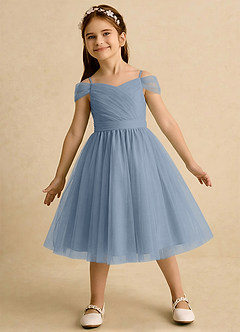 Azazie Lila Girls Formal Blumenmädchenkleider A-Linie Schulterfrei Tüll Kleid Staubblau image3