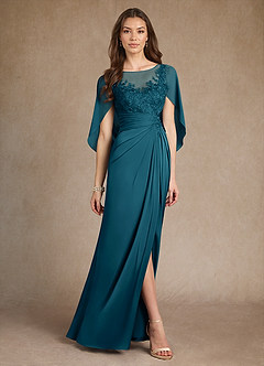 Azazie Hera Mother of the Bride Dresses Ink Blue A-Line Lace Stretch Satin Dress image4