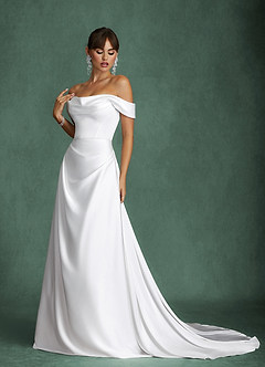 Azazie Brittney Wedding Dresses Diamond White A-Line Off the Shoulder Stretch Satin Dress image3