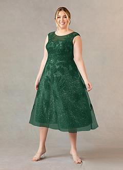 Azazie Flynn vestidos de madre de la novia Vestido de Verde Oscuro de Tul de Corte En A con Cuello barco encaje image6