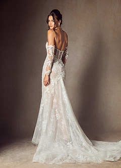 Azazie Caitlin Wedding Dresses Diamond White Champagne Mermaid Strapless Lace Dress image2