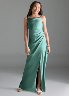 Azazie Leonis Junior Aqua A-Line Pleated Stretch Satin Dress image1