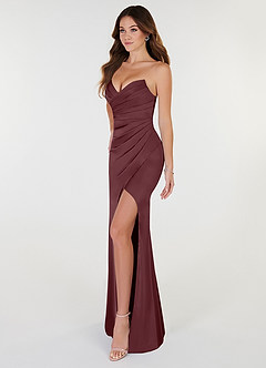 Azazie Yola Bridesmaid Dresses Sangria Sheath V-Neck Pleated Stretch Satin Convertible Dress image3