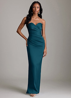 Azazie Sonora Vestidos de damas de honor Vestido de Azul Tinta de Satén Elástico de Corte Recto con Sin tirantes image6