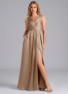 Azazie Karina Bridesmaid Dresses Taupe A-Line Pleated Stretch Satin Dress image1