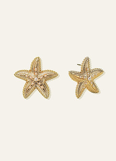 front Gold Starfish Pearl Stud Earrings