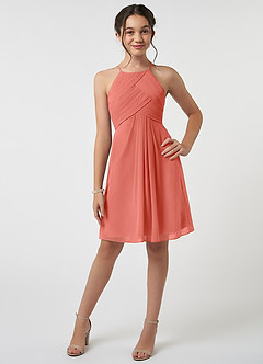 Azazie Ginny Junior Salmon Pink A-Line Pleated Chiffon Dress image1