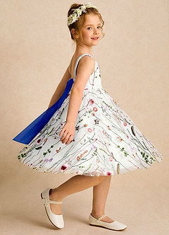 Azazie Peppa Blumenmädchenkleider A-Linie Herzausschnitt Tüll Kleid Elfenbein Königsblau image4