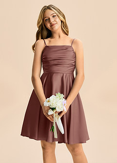 Azazie Miko Junior A라인 주름진 스트레치 새틴 미니 주니어 신부 들러리 드레스 image6