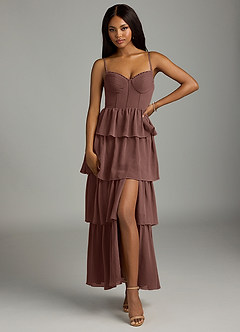 Azazie Kaiden Vestidos de madrinha de casamento Vestido Café Expresso de Chiffon de Linha A com Decote em coração image1