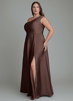 Azazie Melanie Robes de demoiselle d'honneur Robe Trapèze en Satin extensible Épaules dénudées Ganache image11