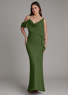 Azazie Yura Jurken voor bruidsmeisjes Jurk van Chiffon met Zeemeermin Off-shoulder Olijf image4