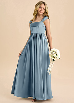 Azazie Hattie Junior Dusty Blue A-Line Pleated Stretch Satin Dress image1