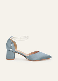 front Matching Color Metallic Satin Pearl Strap Pointed Toe Block Heels