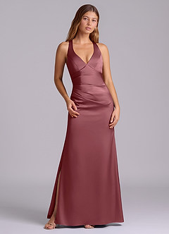 Azazie Amelie Bridesmaid Dresses Desert Rose A-Line Pleated Stretch Satin Dress image1
