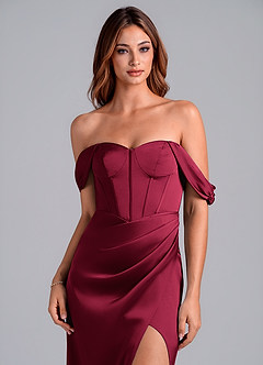 Azazie Asha Bridesmaid Dresses Burgundy Sheath Off the Shoulder Stretch Satin Convertible Dress image5