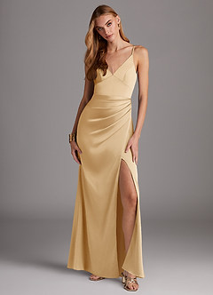 Azazie Shania Brautjungfernkleider Etui V-Hals Gefaltet Stretch-Satin Kleid Gold image1