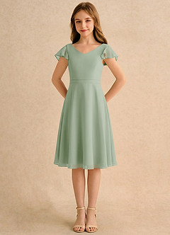 Azazie Narin Girls Formal Flower Girl Dresses Dusty Sage A-Line with Sleeves Chiffon Dress image5