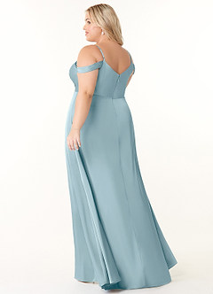 Azazie Ocean Bridesmaid Dresses Moody Blue A-Line V-Neck Pleated Stretch Satin Dress image9