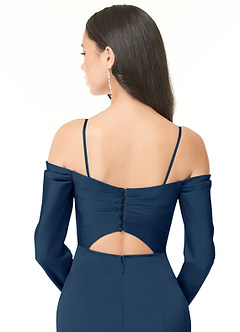 Azazie Hallie Bridesmaid Dresses Dark Navy Sheath Off-The-Shoulder Long Sleeve Stretch Satin Convertible Dress image8