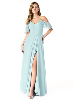 Azazie Dakota Robes de demoiselle d'honneur Robe Trapèze en Mousseline de soie Col V plissé Verre De Mer image1