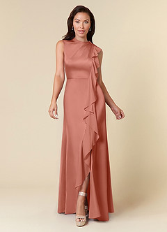Azazie Narine Abiti per la Madre della Sposa Abito A-Line in Raso Elasticizzato Scollo alto plissettato Salmone Rosa image3