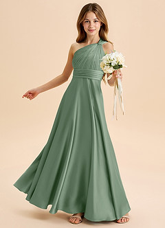 Azazie Charlize Junior Abito A-Line in Raso Elasticizzato Plissettato Matcha image4