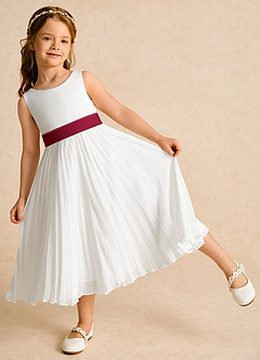 Azazie Margot Flower Girl Dresses Ivory Burgundy A-Line Pleated Chiffon Dress image3