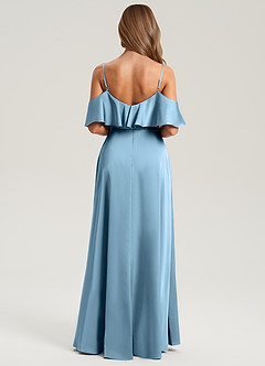 Azazie Jean Bridesmaid Dresses Steel Blue A-Line Off the Shoulder Stretch Satin Dress image2