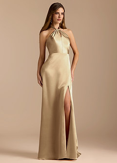Azazie Tracie Bridesmaid Dresses Champagne A-Line Pleated Metallic Satin Dress image5