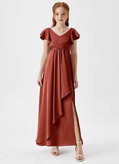Azazie Omari Junior Terracotta A-Line Pleated Stretch Satin Dress image4