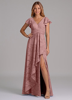 Azazie Omari 신부 들러리 드레스 A라인 주름진 플로럴 번아웃 바닥 길이 드레스 image3